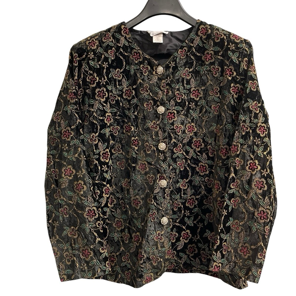 Vintage Dressbarn Jacket Womens 18/20 Black Velvet Floral Embroidered‎ Event